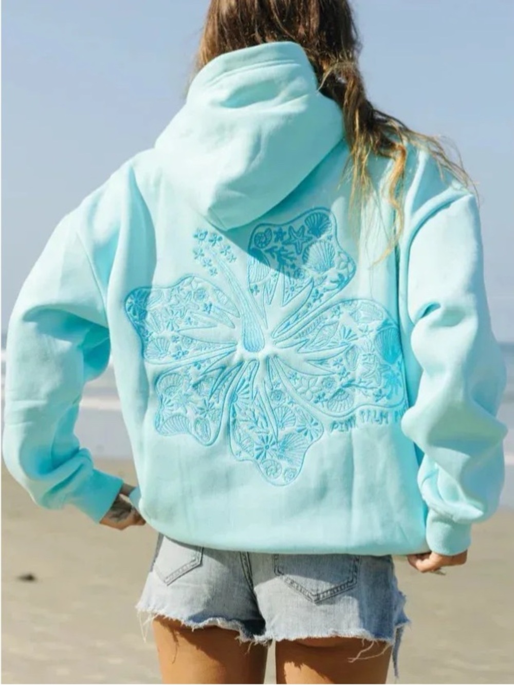 Pink Palm Puff Baby Blue Hibiscus Seashell Embroidered Hoodie XS *Flawed* Beach